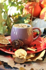 Fototapeta na wymiar A cup of hot drink, berries, pumpkins, spices, a scarf, autumn leaves on the background of the window, the concept of home comfort, healthy food, tea for the common cold
