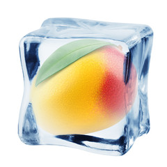 mango in ice cube, isolated on white background, clipping path, full depth of field