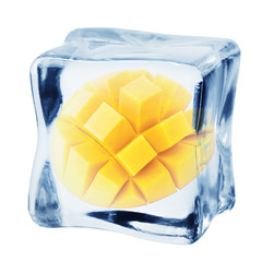 mango in ice cube, isolated on white background, clipping path, full depth of field