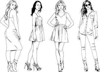 vector drawings on the theme of beautiful slim sporty girl in casual clothes in various poses painted ink hand sketch with no background	