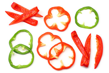 cut slices of sweet bell pepper isolated on white background. top view