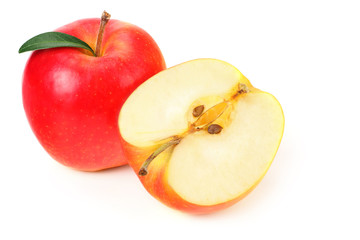 red apples with slices and green leaves isolated on a white background