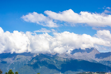 Majestic mountains landscape under morning sky with clouds. Overcast sky before storm. Carpathian, Ukraine, Europe.