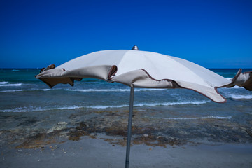 Beach umbrellas and deckchairs near the sea