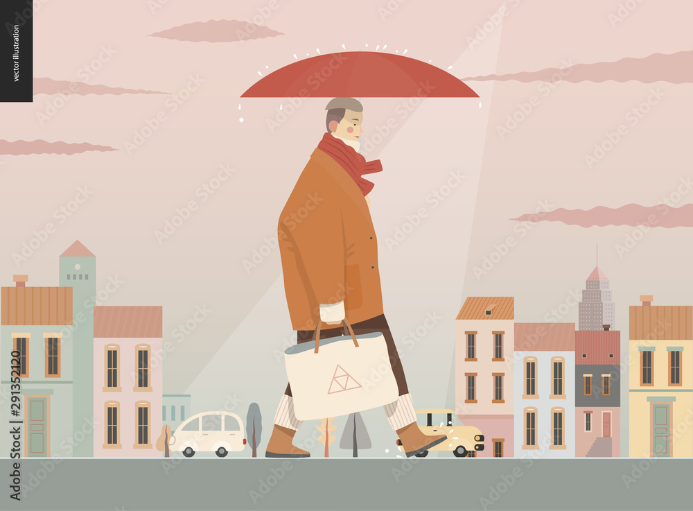 Wall mural Rain -walking woman -modern flat vector concept illustration of adult woman wearing big coat and scarf, with umbrella and tote bag, standing in the rain in the street, in front of city houses and cars