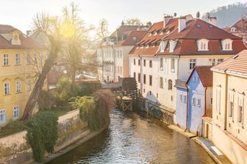 Fototapeta na wymiar Kampa Island at Certovka River (Devil's Stream) and Water mill in Old Town Prague, Czech Republic