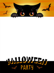 Halloween Party. Colorful poster with cute black cat and bats. Place for your text message. Vector illustration.