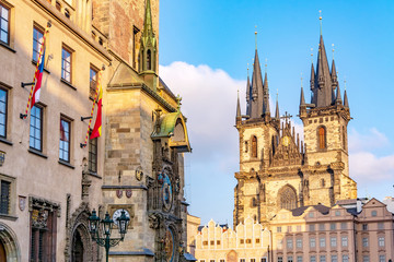 Astronomical Clock Tower and Tyn Church in Old Town of Prague, Czech Republic