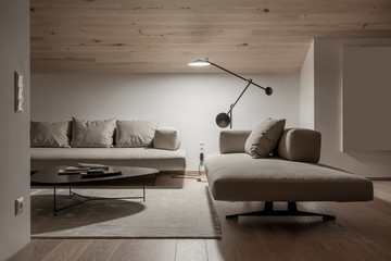Light illuminated interior with sloping wooden ceiling