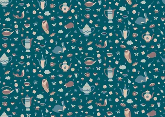  Naadloos patroon met schattige bosdieren, kopjes en theepotten in Scandinavische stijl. Herfst of winter vintage achtergrond. Hyugge eindeloze retro vectorillustratie © Ekaterina