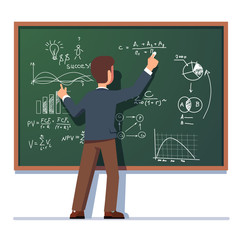 Business man teacher teaching and writing formula