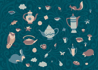Set of cute forest animals with cups and teapots in scandinavian style. Cartoon retro collection tea party elements. Hyugge autumn or winter teatime vector illustration. Sweet home vintage background