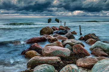 First autumnal storm at the Baltic Sea in remote coastal location, here traditional marine...