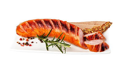 Grilled sausage on a white background (view from a different angle in the portfolio)