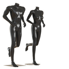 Running black male and female mannequin. 3D rendering on isolated background