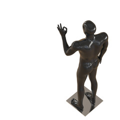 A black mannequin stands in a pose and shows a gesture that everything is fine. 3D rendering on isolated background