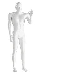 A white mannequin stands in a pose and shows a gesture that everything is fine. 3D rendering on isolated background