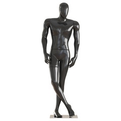 A black mannequin stands in a beautiful pose with his legs crossed. 3D rendering on isolated background