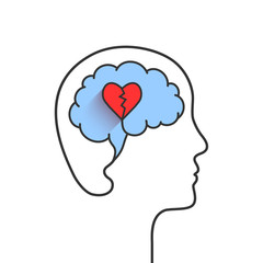 Human head and brain silhouette with broken heart as mental disorder, depression or heartbreak concept