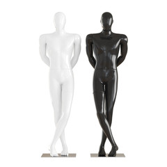 Black and white mannequin stand in pose and hold their hands behind their backs. 3D rendering on isolated background