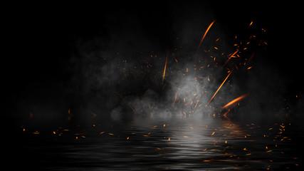 Fire embers particles with smoke texture overlays . Burn effect on water reflection . Desgin element.