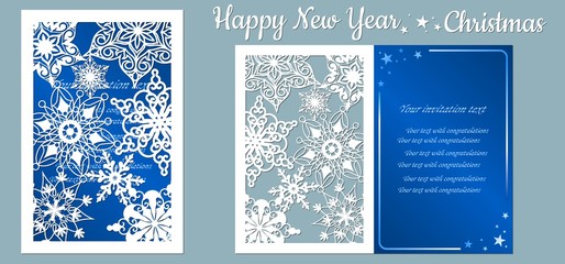 Fototapeta na wymiar Card with snowflakes. Text - happy New Year. Vector illustration. Laser cut template. Metal, paper or wood carving pattern. Blue. snowflake, star.