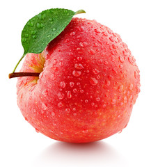 Wet red apple with leaf and drops isolated on white background. Red apple with clipping path. Full...