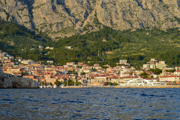 Panoramic view of Makarska city center from the sea in Makarska, Croatia on June 17, 2019.
