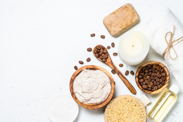 Coffee scrub from sea salt, cosmetic oil and coffee.