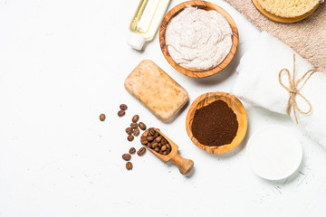 Coffee scrub from sea salt, cosmetic oil and coffee.