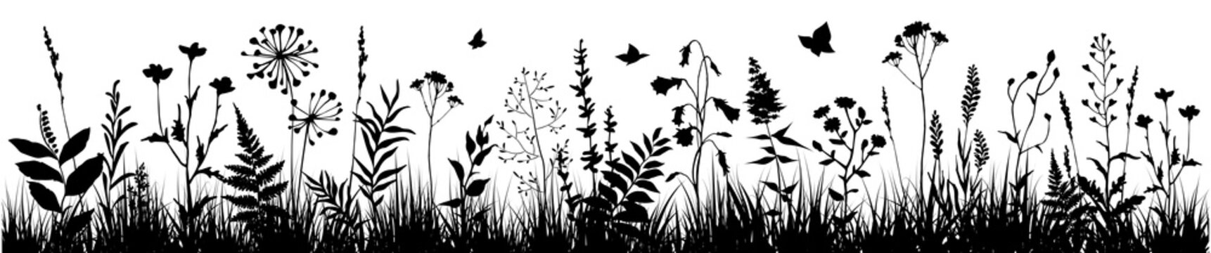 Background with black silhouettes of meadow wild herbs and flowers. Wildflowers. Floral background. Wild grass. Vector illustration.