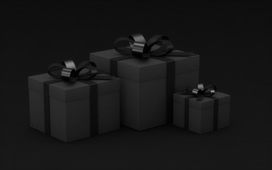 Gift boxes wrapped in black paper with black ribbon. On blackbackground. 3d render illustration