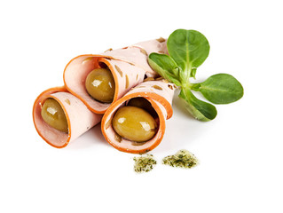 Mortadella tubes with olives on a white background (view from a different angle in the portfolio)