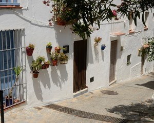Flower pots on White alley in Casares, Andalusia, Spain