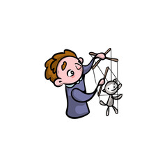 Puppeteer with an animal puppet. Raster illustration in flat cartoon style