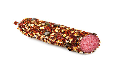 Salami isolated on a white background (view from a different perspective in the portfolio)