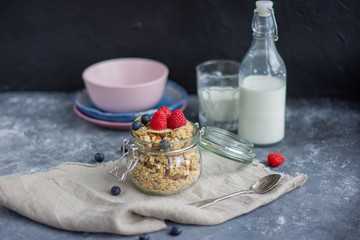 Muesli and milk for breakfast