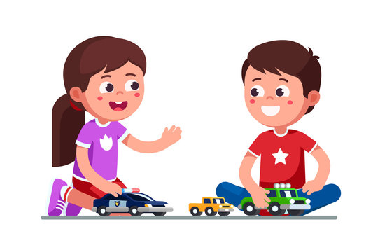Smiling girl and boy kids playing with toy cars.