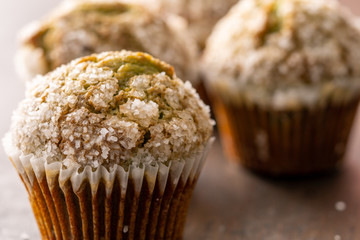 Homemade pistachio muffins with sugar crystals