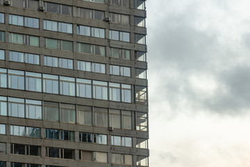 Soviet modernist building facade on a sunset