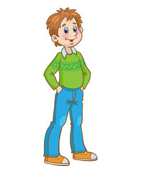 Funny little boy standing with his hands in the pockets.  Isolated on a white background. In cartoon style.