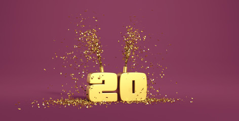 20 years, word in 3D golden on purple background