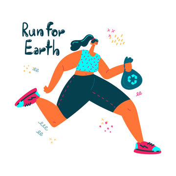 Plogging. Young women pick up litter during plogging in nature.She collect garbage while running. Eco and environment friendly ecological concept. Flat. Vector illustration.Run for Earth.