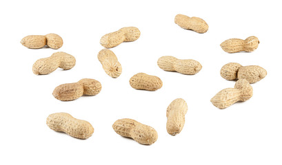 Fototapeta na wymiar Peanuts isolated on white background (view from a different perspective in the portfolio)