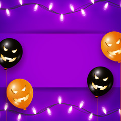 Halloween template for your arts with copy space. Square layout with Halloween orange and black air balloons, garland lights on violet background