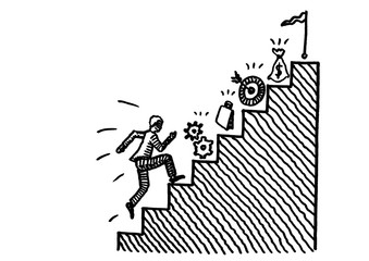 Drawn Man Running Upstairs Towards Business Goal