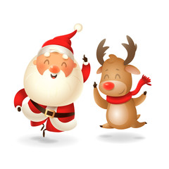 Santa Claus and Reindeer celebrate holidays - jump play having fun - vector illustration isolated on transparent background