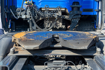 Tow hitch, rear view truck, tow hitch. Clutching a truck with a semitrailer, pressure hoses, electrical wires.