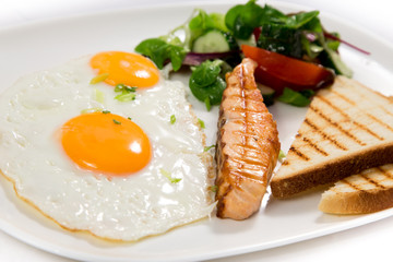 Scrambled eggs on white background. Healthy food