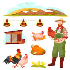 Poultry farm fowl, equipment and farmer, isolated on white background. Vector flat cartoon illustration. © Qualit Design